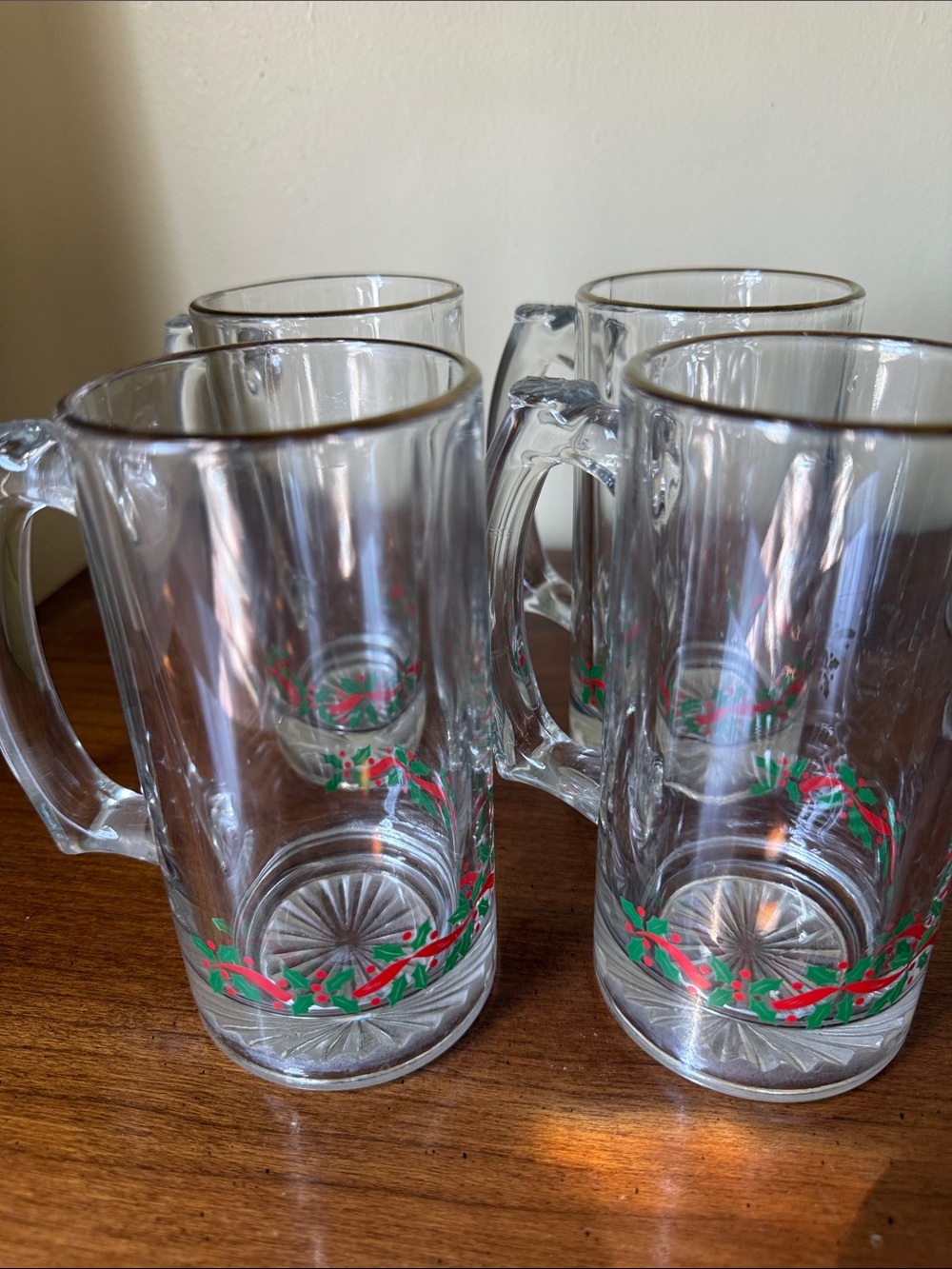 Vintage Libbey Clear Glass Holiday Beer Mugs with Holly Accent - Set of 4
